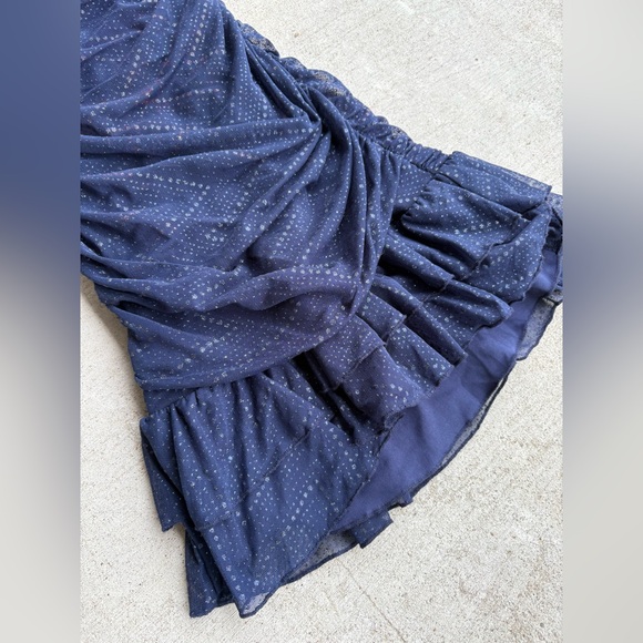 Navy Blue Ruffle Glittery Mesh Ruched Mini Dress - Picture 5 of 7